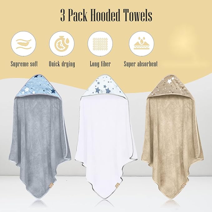 Coral Dock 3 Pack Baby Hooded Bath Towel Sets, Ultra Absorbent Polyester Towels, Neutral Grey Starry Sky, Suitable for Newborns and Toddlers