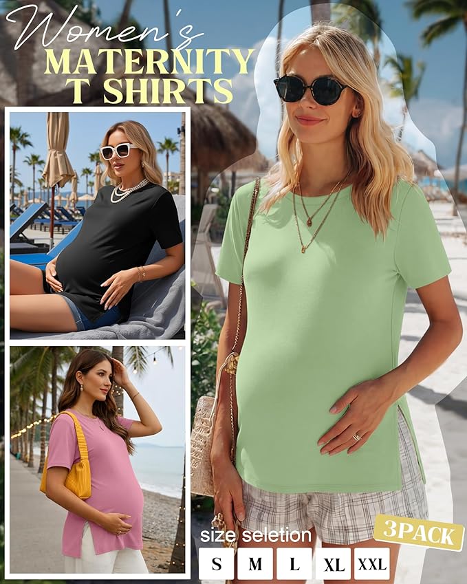 Ficerd 3 Pack Women's Maternity T Shirts, Short Sleeve Side Split Pregnancy Tops Casual Crew Neck Pregnant Tees Mama Clothes