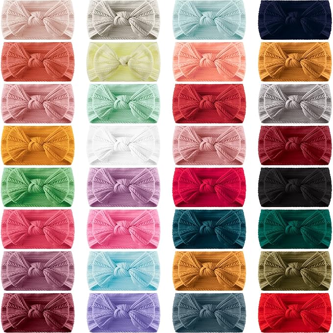 Janinka 32 Pcs Baby Nylon Headbands Hairbands with Bows Elastics Handmade Hair Accessories Stretchy Headband Jacquard Design for Newborn Infant Baby Toddlers Kids(Classic)