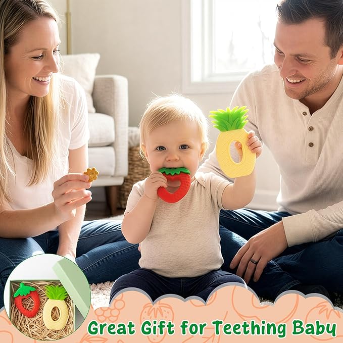 Silicone Teething Toy for Babies - 2Pcs Strawberry Grape Soft Sore Gums Pain Teether Infant Summer Fruit Themed Food Grade Teething Relief Chew Toy for Toddler Birthday Newborn 6-12 Months Baby Shower