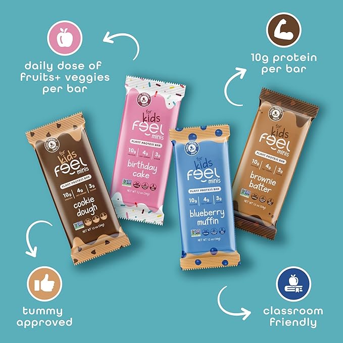 Feel Bar Minis – Kids Protein Bars | Brownie Batter – 12 Pack | 10g Plant Protein | 100 Calories | No Added Sugar | + Daily Veggies | Gluten Free, No Nuts, No Soy, No Dairy, No Grains