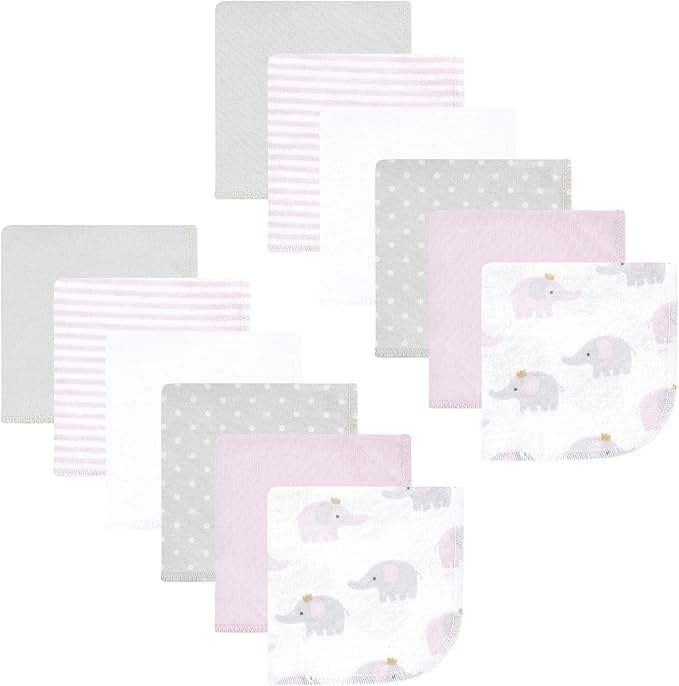 Hudson Baby Unisex Baby Flannel Cotton Washcloths, Lilac Elephants 12 Pack, One Size