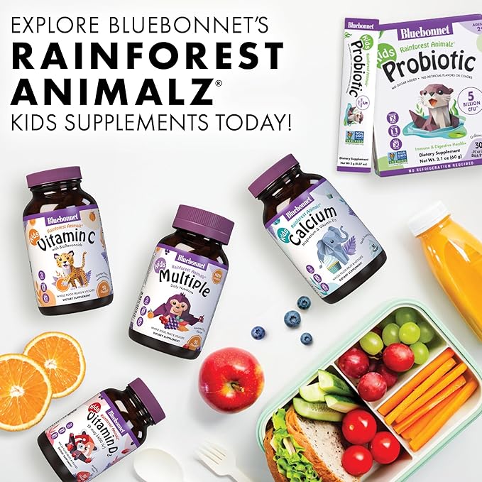 BlueBonnet Nutrition Rainforest Animalz Kids Probiotic 5 Billion CFU^ - Gut, Digestive & Immune Health - Non-GMO Free of Dairy, Gluten, Soy, Sugar, Artificial Flavor & Color - Unflavored, 30 Servings