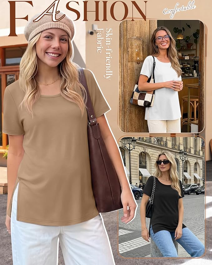 3 Pack Women's Maternity Shirts Short Sleeve Round Neck Side Split Pregnancy Tops Loose Summer Casual Mama Clothes