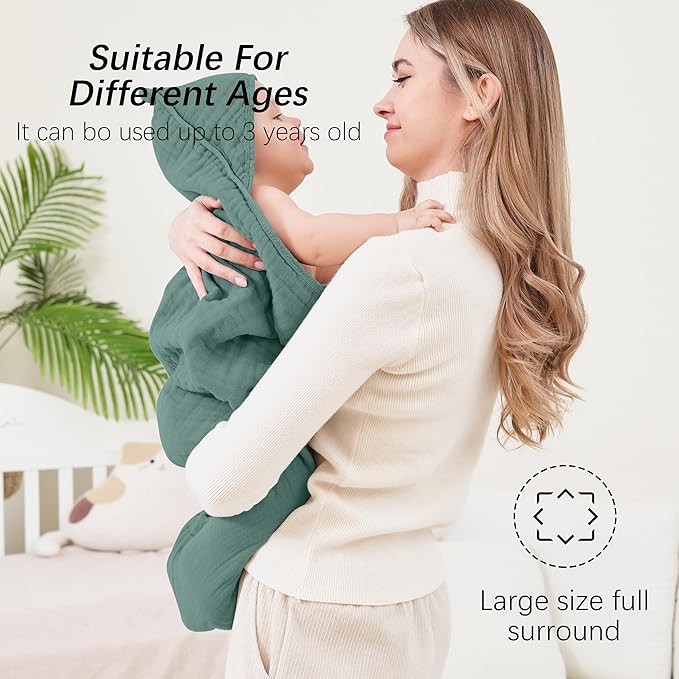 SWEET DOLPHIN Muslin Hooded Baby Bath Towels - 2 Pack 100% Cotton Towel for Babies, Infants, Toddlers - 32x32Inch - Highly Absorbent and Newborn Essential, Deep Emerald