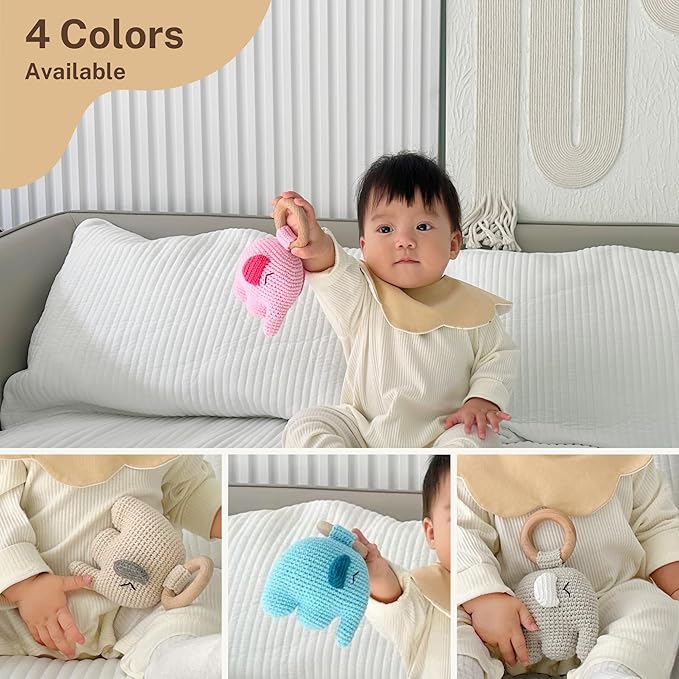 DICHA Handmade Crochet Wooden Baby Rattle - Birthday & Baby Shower Sensory Toy for Newborn Boy/Girl - Includes Wood Beech Teething Ring Elephant
