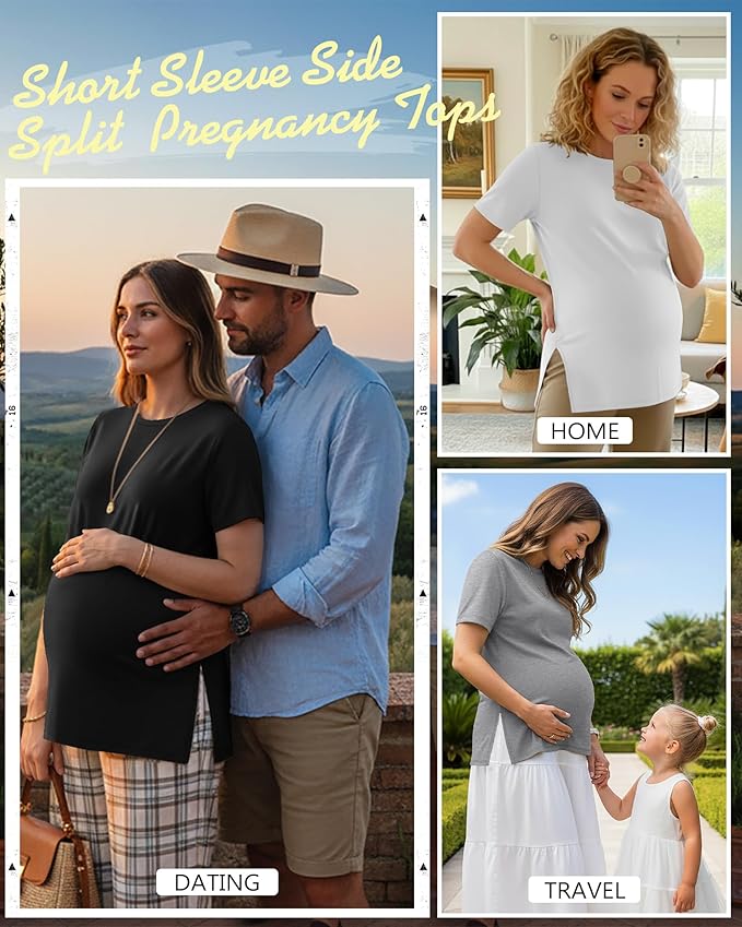Ficerd 3 Pack Women's Maternity T Shirts, Short Sleeve Side Split Pregnancy Tops Casual Crew Neck Pregnant Tees Mama Clothes