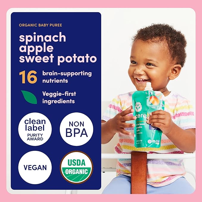 Cerebelly Organic Baby Food Pouches, Spinach Apple Sweet Potato Purees, 16 Nutrients, No Added Sugar, Fiber & Non-GMO, 4oz, 6 Pack