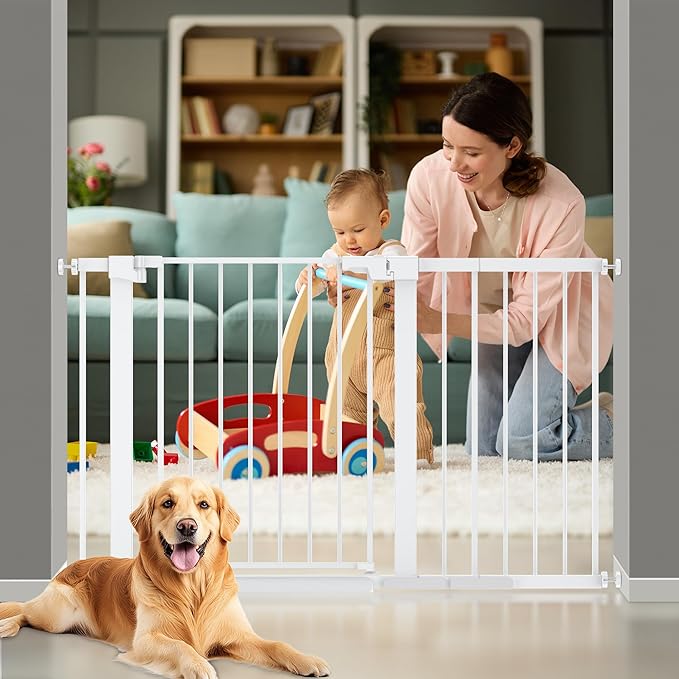 29-51 inches Extra Wide Metal Baby Gate for Stairs/Doorways, 30 inches Tall Pressure Mounted Pet Gates, Auto-Close Child Safety Gate, No Drilling Easy Walk-Through Dog Gate Indoor, White