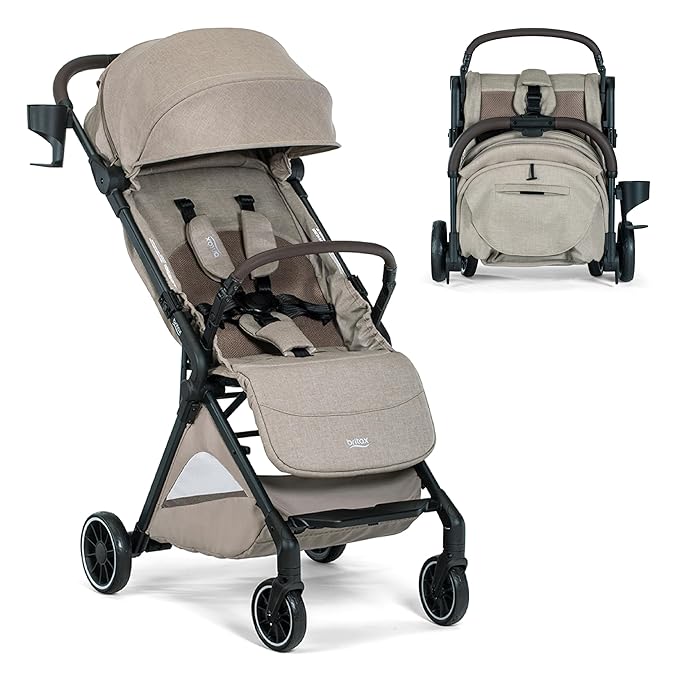 Britax Juniper+ Compact Stroller, Portable & Lightweight On-The-Go Stroller with Fastpack & One-Hand RapidFold, Infant Car Seat Compatible, Built-in Carry Strap, Ventilating Fabrics — Teak