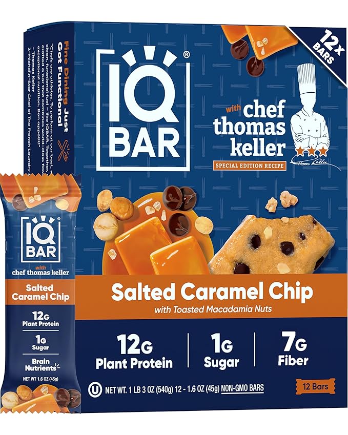 IQBAR Brain and Body Clean Plant Protein Bars - Salted Caramel Chip - 12 Bars - Keto, Vegan, High Fiber, Gluten and Dairy Free, Low Sugar Snack with Nutrients for Focus, Energy, Meal Replacement
