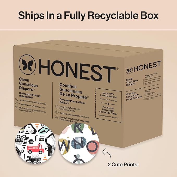 The Honest Company Comfort Dry Disposable Diapers for Sensitive Skin, Hypoallergenic, Big Trucks + All The Letters, Super Club Box Size 5 (27 lbs), 84 Count