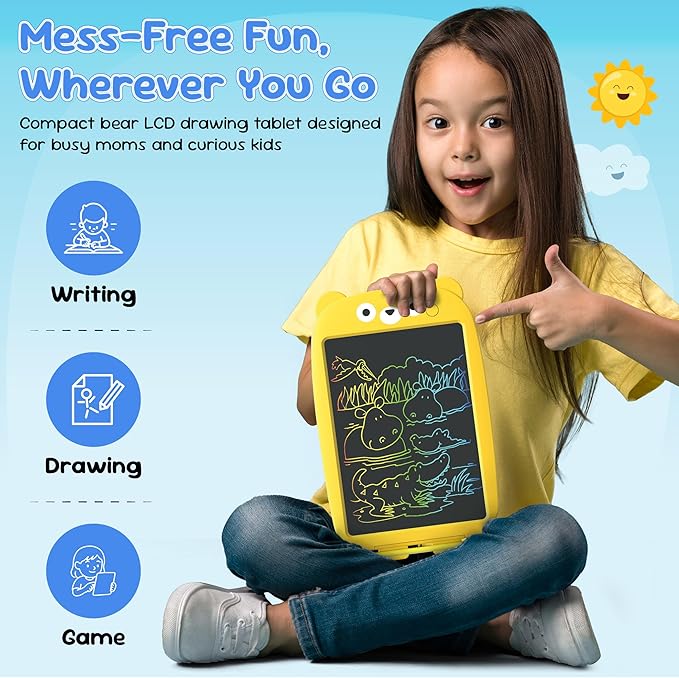 Henry & Colin Bear Themed LCD Writing Tablet for Kids – Reusable, Travel-Friendly Drawing Pad for Boys & Girls Ages 3 & Up. Ideal for Writing, Drawing, Creativity, Fun, Learning & Education (Yellow)