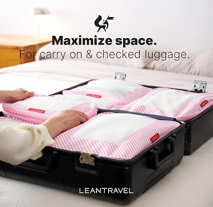 LeanTravel Premium Compression Packing Cubes for Travel - Luggage Organizers with Double Zipper - Sturdy Bags for Suitcase (6-Pack, Pink Stripes)