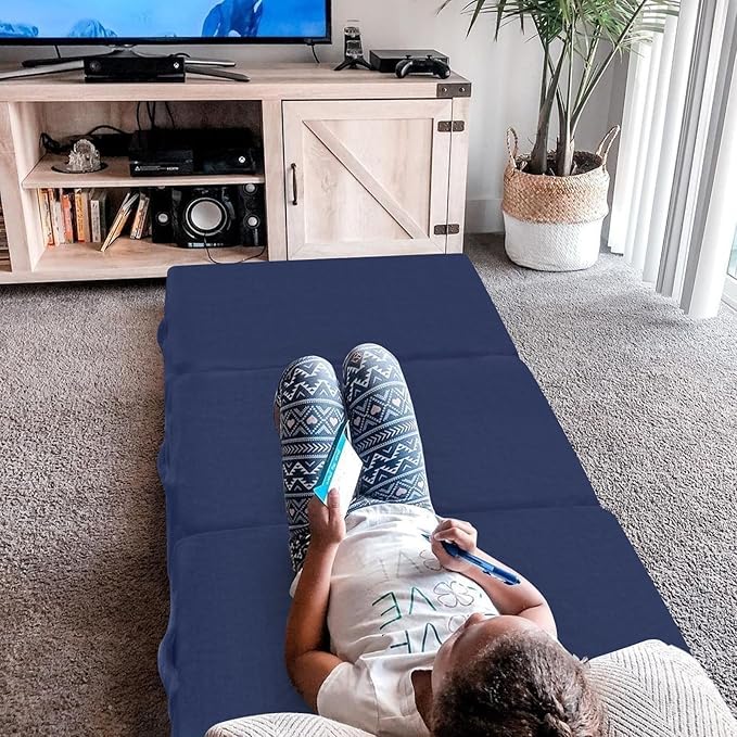 MeMoreCool Foldable Floor Mattress for Kids, Trifold Nap Mat for Toddlers, Portable Daycare Sleeping Futon or Floor Bed, Navy, 57x22 Inch