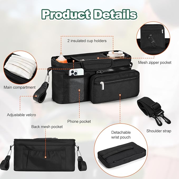 Universal Stroller Organizer Bag, Stroller Caddy with Insulated Cup Holders & Detachable Phone Bag and Shoulder Strap, Stroller Bag for Baby Accessories Fits Most Strollers On Travel, Walks (Black)