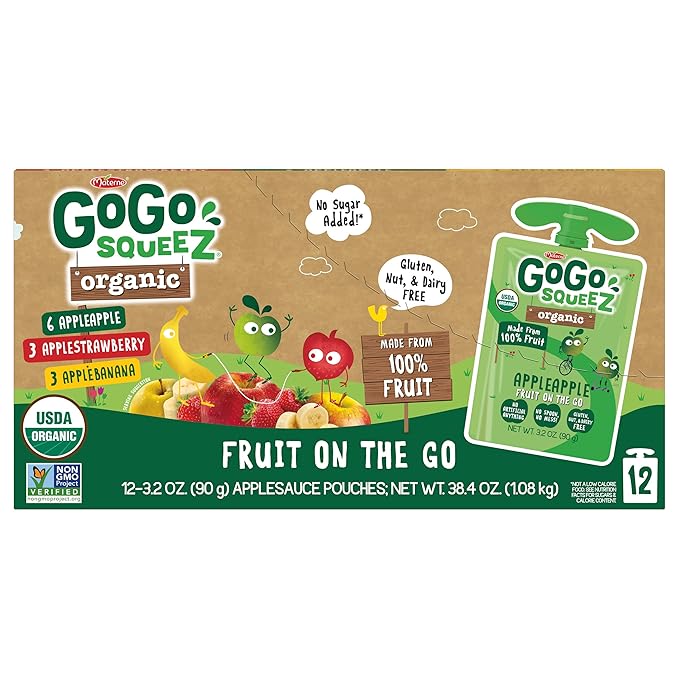GoGo squeeZ Organic Applesauce and Fruit Puree, Variety Pack, Apple, Strawberry & Banana, 3.2 oz (Pack of 12), Unsweetened Organic Fruit Snacks for Kids, No Gluten, Nut & Dairy, BPA Free Pouches