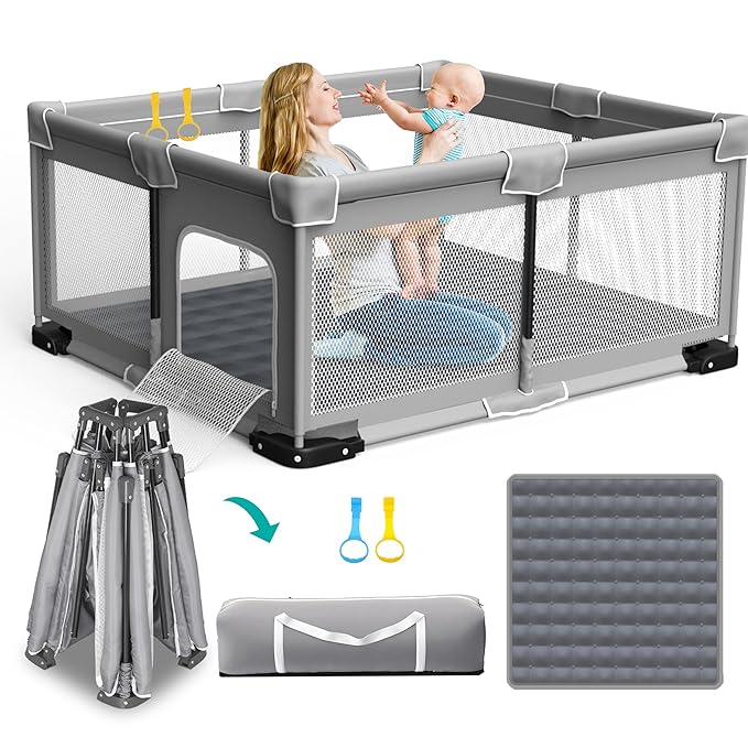 Foldable Playpen for Babies and Toddlers, 71"x59" Inches Portable Playpen with Mat, Kids Collapsible Play Pen with 2 Handlers, Indoor & Outdoor Baby Play Area with Visible Mesh (Light Gray)