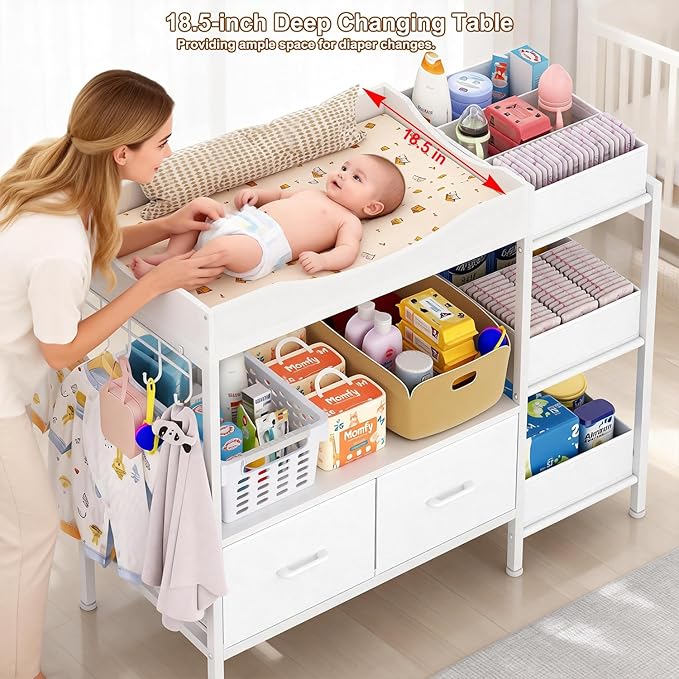 Baby Changing Table with Storage,Heavy-Duty Diaper Changing Station, White Nursery Dresser Organizer with 2 Large Fabric Baby Drawers, 3 Diaper Caddy Bin & Wood Shelf, Kids & Baby Bedroom Furniture