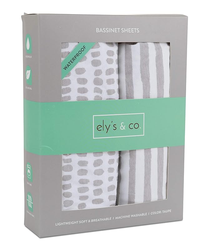 Ely's & Co. Patent Pending Waterproof Bassinet Sheet, No Need for Bassinet Mattress Pad Cover, 2 Pack Neutral Taupe Grey Splash & Stripes,for Baby Girl and Boy