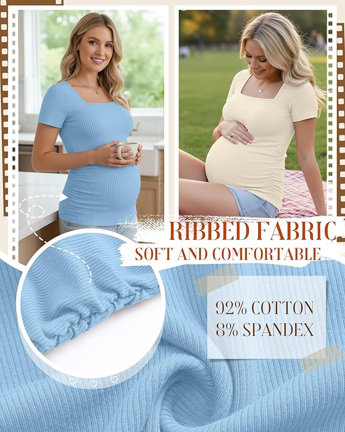 Huukeay 4 Pack Women's Maternity Shirts Cotton Ribbed Short Sleeve Square Neck Pregnancy Tops Side Ruched Summer Tee