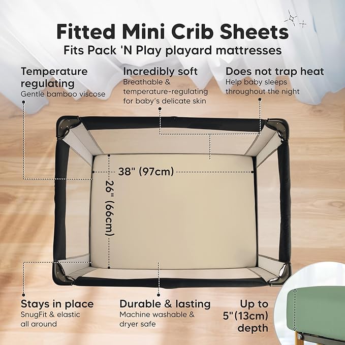Pack and Play Sheets Fitted - 2-Pack Mini Crib Sheets for Pack N Play Mattress 38x26, Soft & Cozy, Neutral Toddler Playard Bedding, Snug Fitted Mini Baby Crib Mattress Cover Boy, Girl (Hedges)