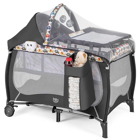 BABY JOY 4 in 1 Pack and Play, Portable Baby Playard with Bassinet, Adjustable Canopy, Changing Table, Lockable Wheels, Music Box, Travel Baby Crib Bassinet from Newborn to Toddler