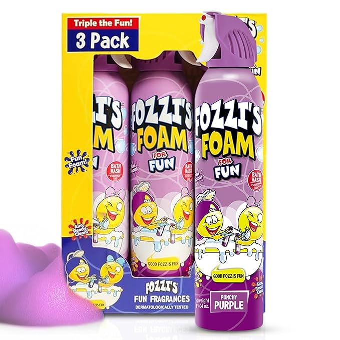 FOZZI'S Punchy Purple Bath Foam Soap for Kids (3 Pack) - Fun Aerosol Spray - Squishy Bubble Soap for Playtime - Gentle Cleanser Foaming Body Wash - Safe Bath Fun for Everyday Wash