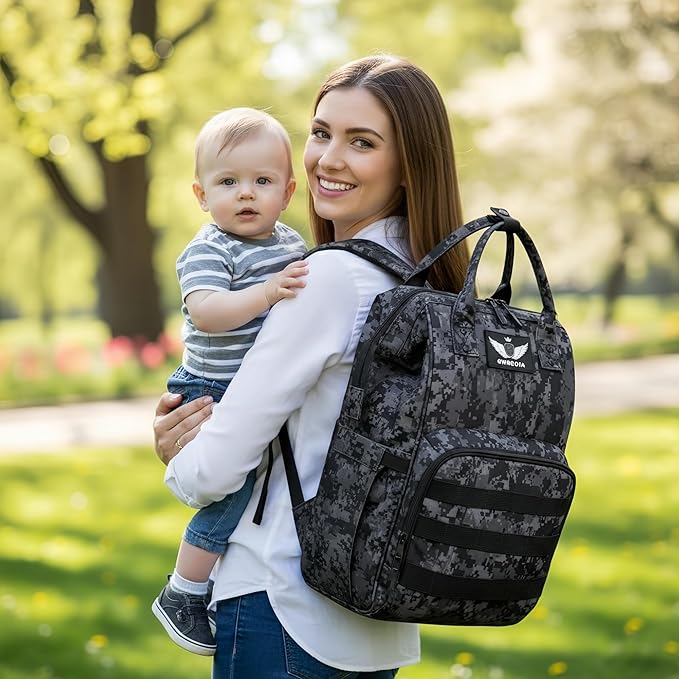 Diaper Bag Backpack with USB Charging Port Stroller Straps and Insulated Pocket,army military Travel Nappy Backpack for Dad/Mom (Black Camo)