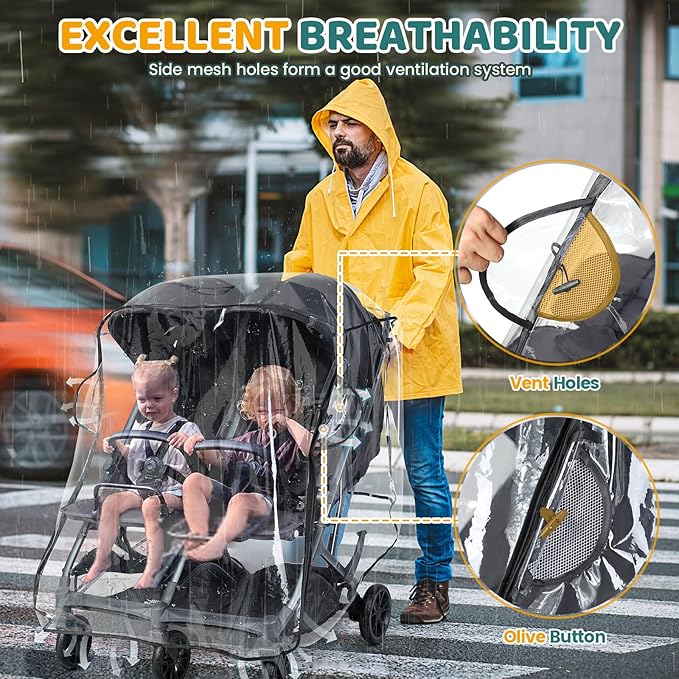 IvyWind Double Stroller Rain Cover, Universal Stroller Cover for Side by Side Baby Stroller, Breathable Weather Shield for All-Weather Protection from Rain/Snow/Dust