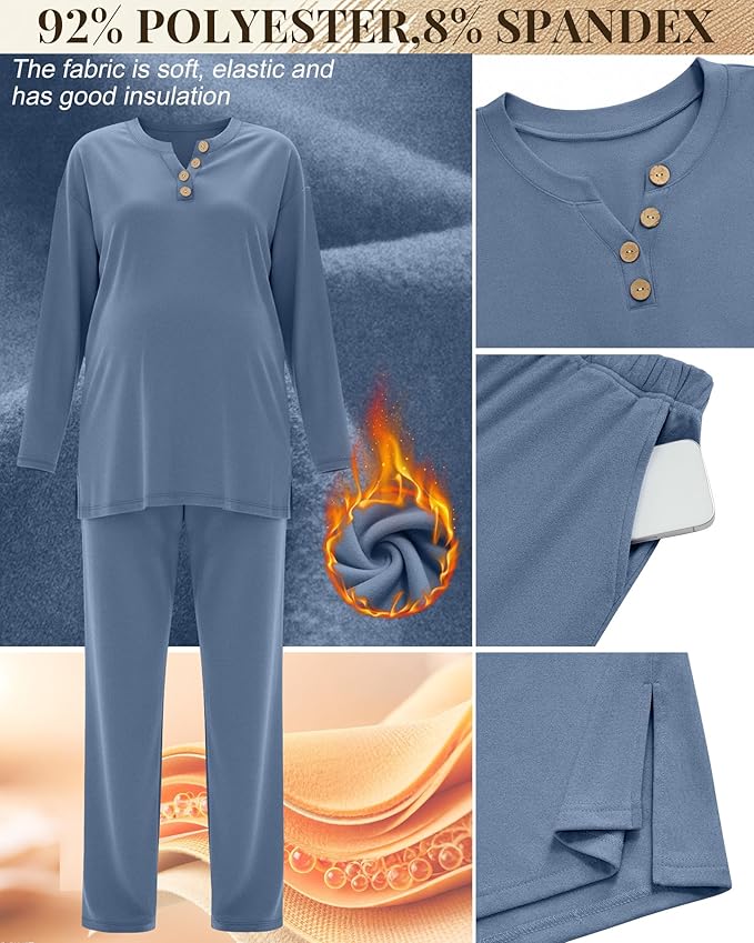 2 Piece Thermal Maternity Lounge Set Postpartum Pregnancy Fleece Loungewear Long Sleeve Top and Wide Leg Pant