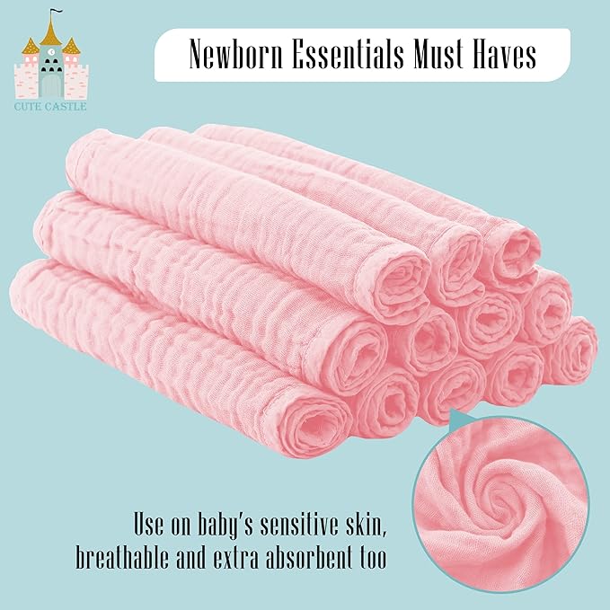 Cute Castle 24 Pack Muslin Burp Cloths for Baby - Ultra-Soft 100% Cotton Baby Washcloths - Large 20'' by 10'' Super Absorbent Milk Spit Up Rags - Burpy Cloths for Unisex, Boy, Girl - Pink