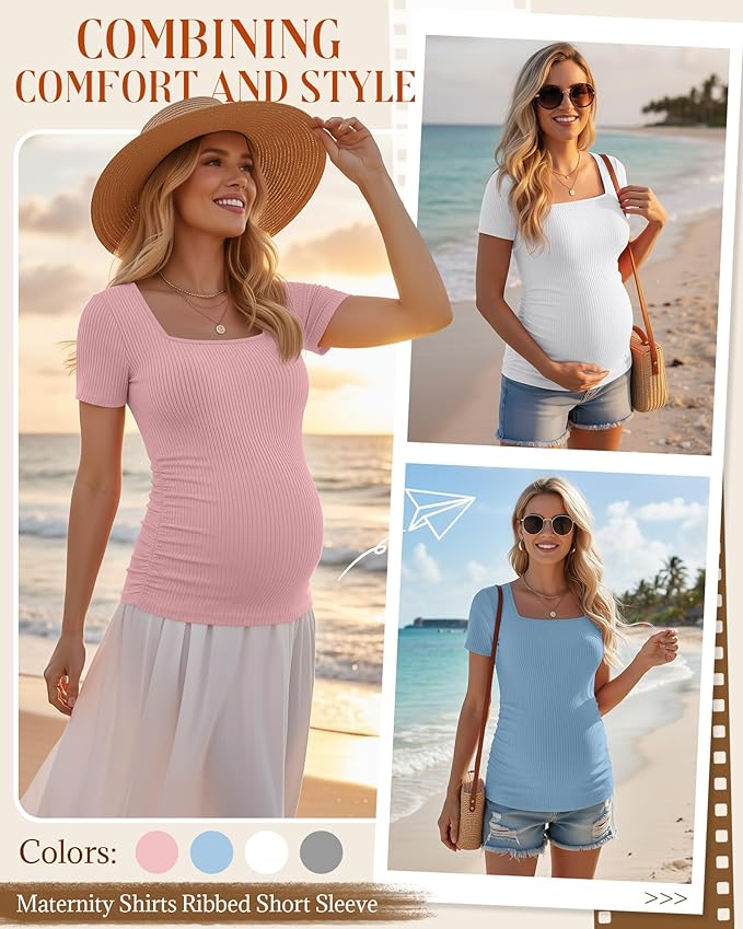 Huukeay 4 Pack Women's Maternity Shirts Cotton Ribbed Short Sleeve Square Neck Pregnancy Tops Side Ruched Summer Tee