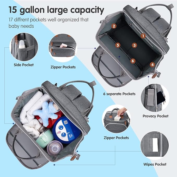 DERJUNSTAR Baby Diaper Bag Backpack with ChangingStation-Large Capacity Baby Bag for Boys & Girls, USBCharging Port, Pacifier Case, sunshade & Toy Bar,Waterproof