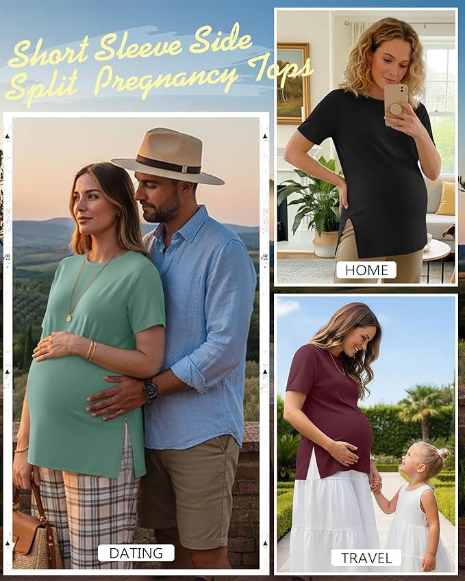 Ficerd 3 Pack Women's Maternity T Shirts, Short Sleeve Side Split Pregnancy Tops Casual Crew Neck Pregnant Tees Mama Clothes
