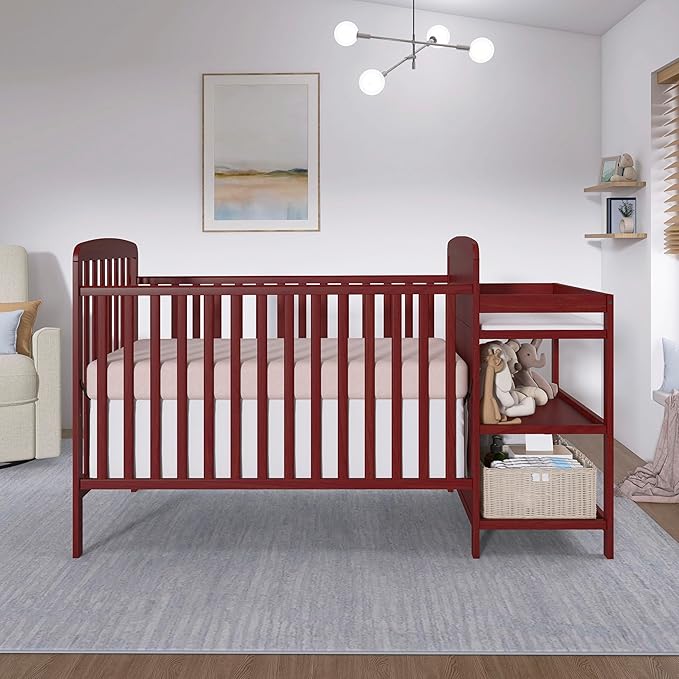 Dream On Me Anna 3-in-1 Convertible Full-Size Baby Crib & Changer with Storage in Cherry, GreenGuard Gold & JPMA, Pinewood, Converts to Day & Toddler Bed, 3 Mattress Heights, 1″ Changing Pad