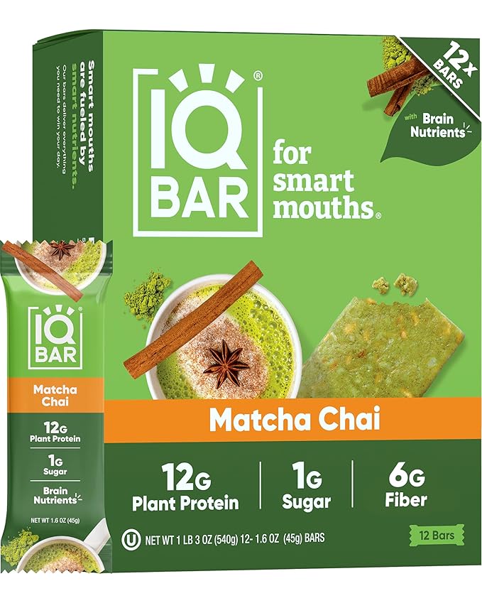 IQBAR Brain and Body Clean Plant Protein Bars - Matcha Chai - 12 Bars - Keto, Vegan, High Fiber, Gluten and Dairy Free, Low Sugar Snack with Nutrients for Focus, Energy, Meal Replacement