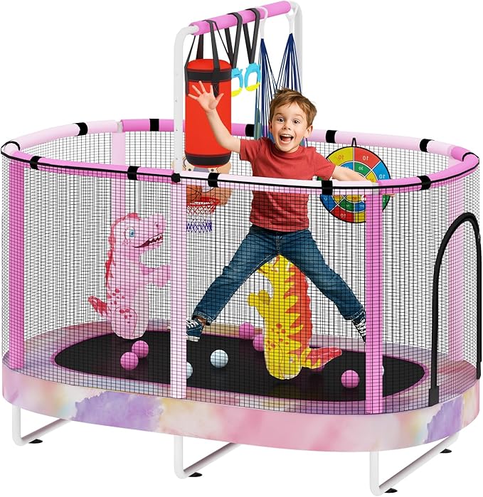 LAMERGE 55" 7-in-1 Round Trampoline for Kids Boys & Girls Ages 1-8, Indoor & Outdoor Trampoline for Fun, Adjustable Height Handrail ＆ Enclosed Safety Net ＆ Durable Designs for Toddlers Children