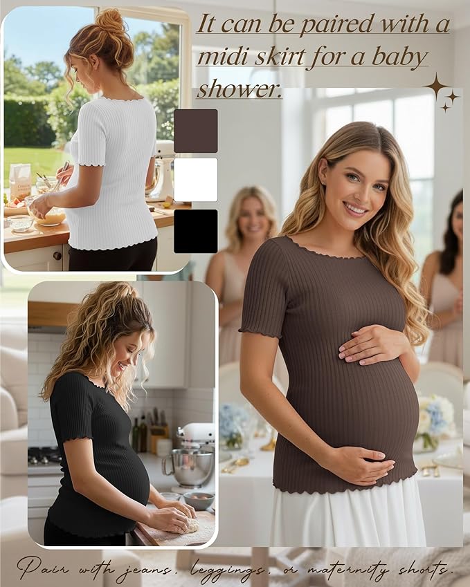 3 Pack Women's Maternity Ribbed Shirts Cotton Short Sleeve Pregnancy Tops Boat Neck Lettuce Trim Mama Clothes