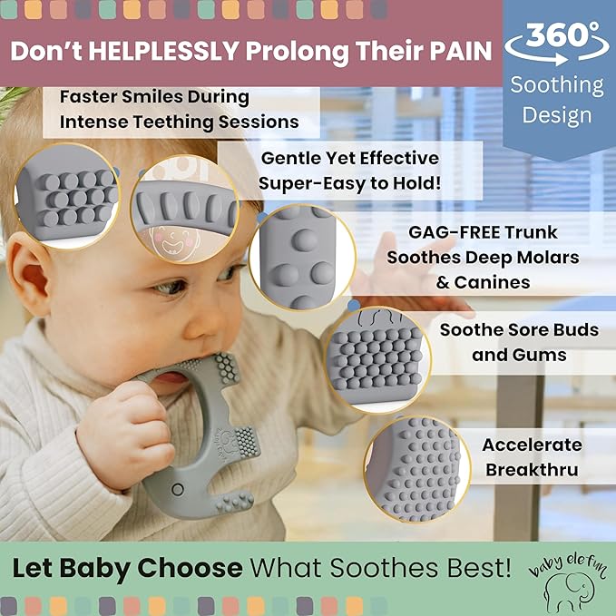 Baby Elefun Baby Teething Toys 5X Pain Relief Zero Delay 0-6 Months Gray
