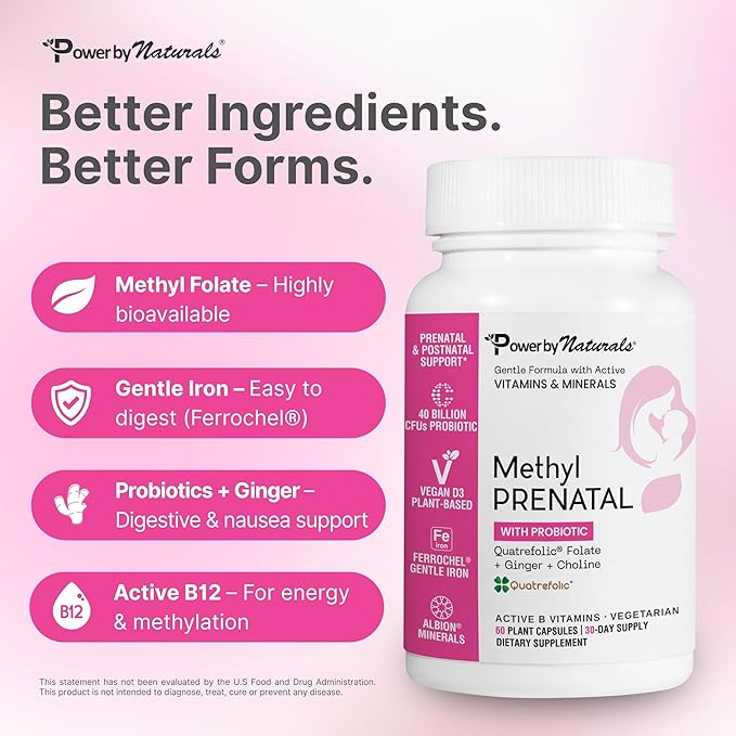 Power By Naturals Methyl Prenatal with Probiotics – Prenatal Vitamins for Women with Iron, Methyl Folate, Ginger, Active B12 & 27+ Essential Nutrients, Pregnancy Supplements, 60 Vegan Capsules