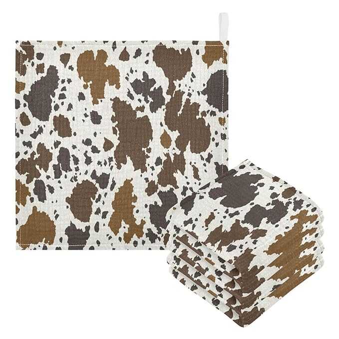 YETTASBIN Cow Print Muslin Baby Hand Washcloths, Soft Cotton Bath Face Towel, 4 Layers Extra Absorbent Feeding Burp Cloth for Newborn Infant Sensitive Skin, 5 Pack