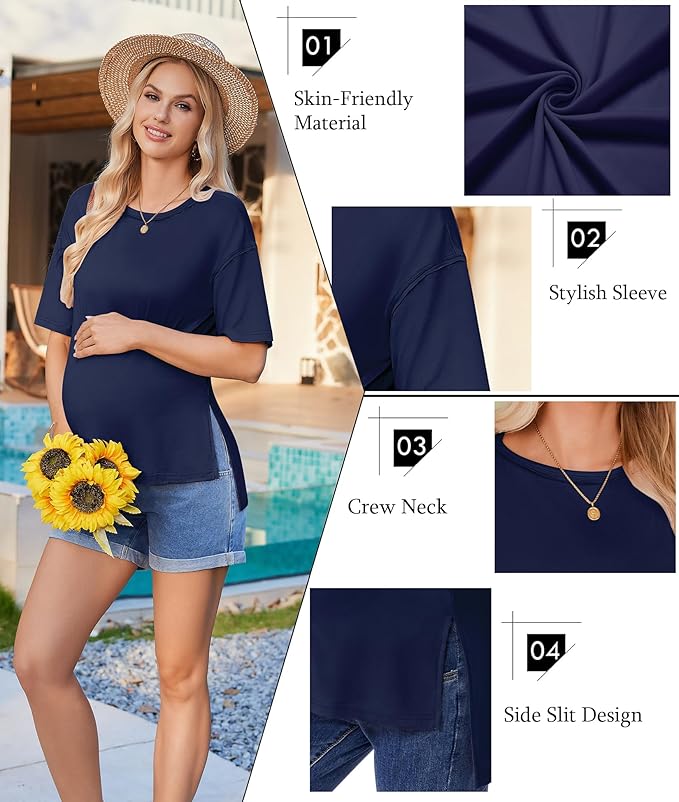 Ekouaer Maternity Shirts 3 Packs Short Sleeve Womens Oversized Pregnancy Tops Split Side Postpartum Blouse Clothes S-XXL