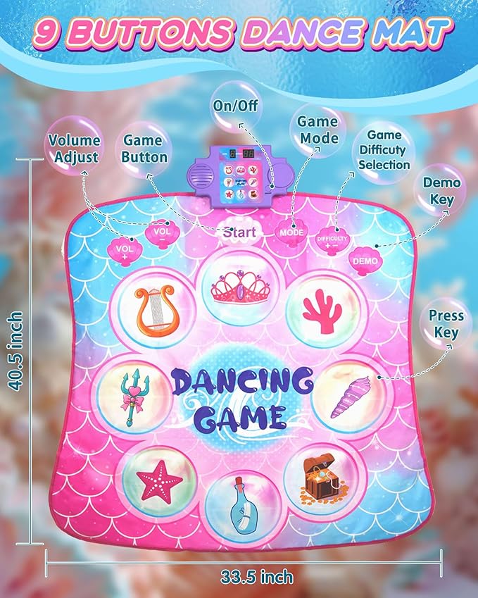 Dance Mat with 9 Light-Up Buttons, Dance Mats for Girls 3-12 Featuring 8 Games & 3 Speeds, Kids Dance Mat with Built-in Music, Standby Mode, Adjustable Volume, Birthday Gifts for 3+ Girls