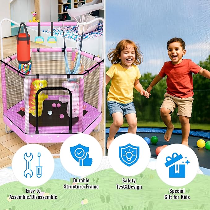 LAMERGE 55" 7-in-1 Round Trampoline for Kids Boys & Girls Ages 1-8, Indoor & Outdoor Trampoline for Fun, Adjustable Height Handrail ＆ Enclosed Safety Net ＆ Durable Designs for Toddlers Children