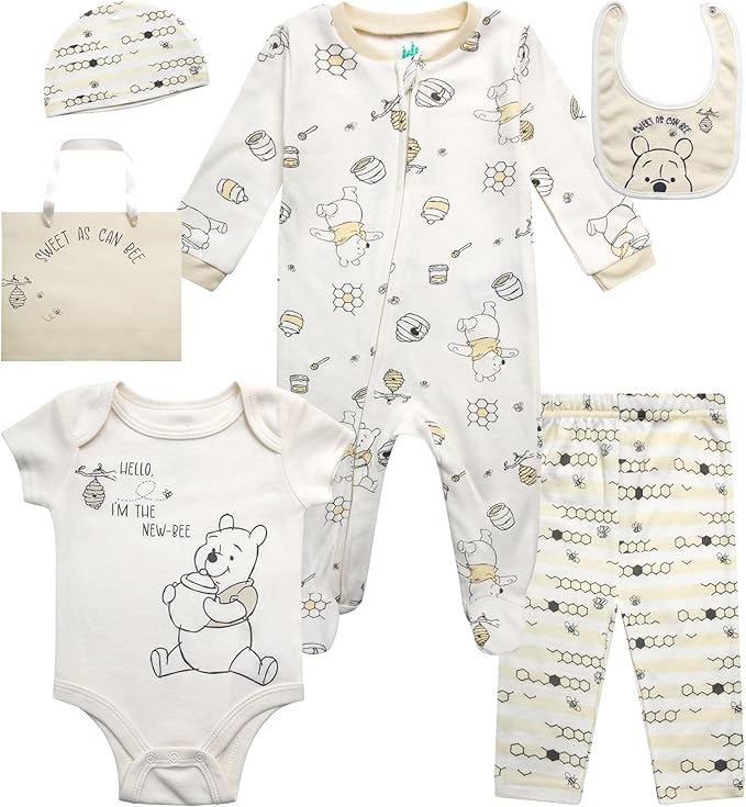 Disney Newborn Baby Girl Boy Clothes - 7 Piece Mickey Mouse Winnie the Pooh Bib Onesie Overall Beanie Pants Gift Bag Gift Set