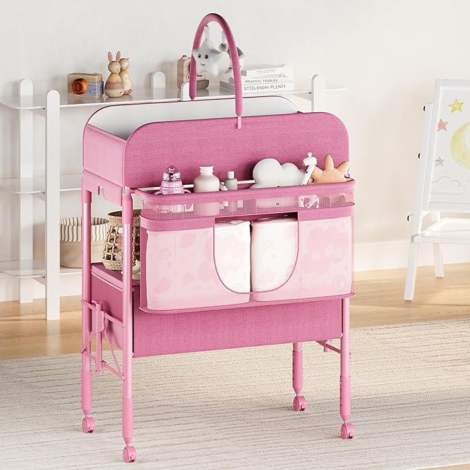 Adjustable Height Baby Changing Table with Wheels, Collapsible Diaper Station with 2 Drawers & Storage, Mobile Nursery Organizer with Waterproof Top for Newborns (Pink)