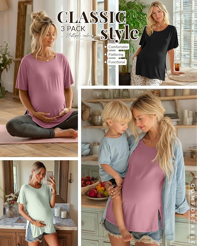 Riyiper 3 Pack Women's Maternity Tunic Shirts Cotton Summer Pregnancy Clothes Loose Oversized Split Side Blouse Tops