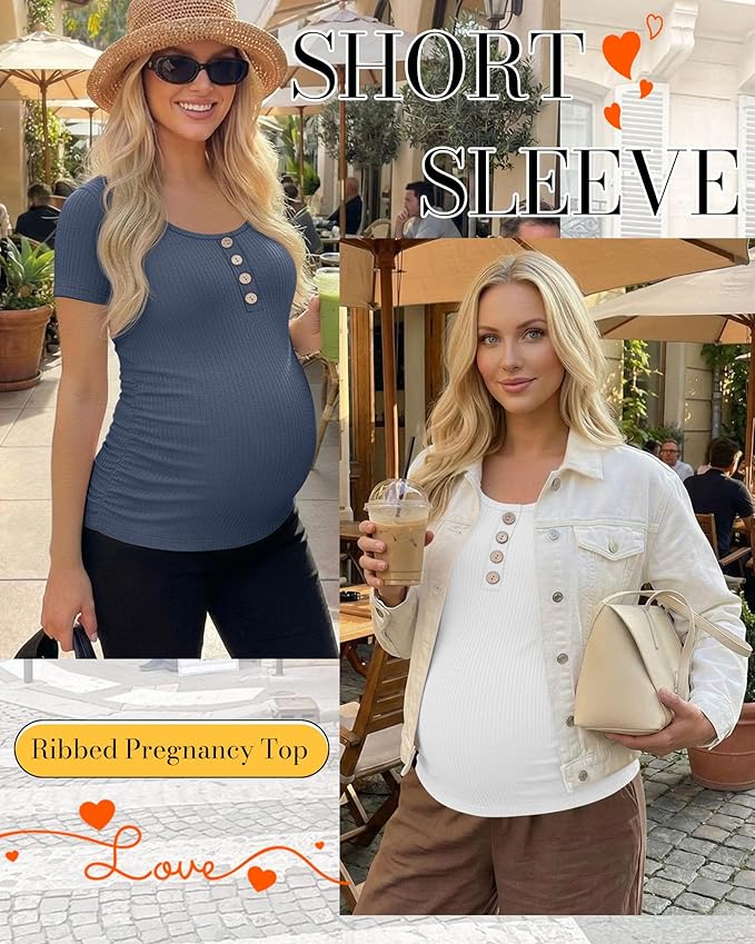 4 Pack Womens Maternity Shirts Scoop Neck Cotton Short Sleeve Ribbed Pregnancy Top Henley Side Ruched Mama Clothes