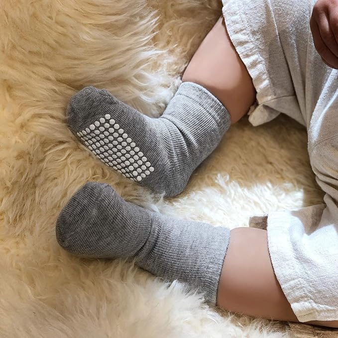 JAKIDAR 12 Pack Baby Toddler Socks Non Slip Grip Cotton Crew Socks for Boys Girls Infants Kids